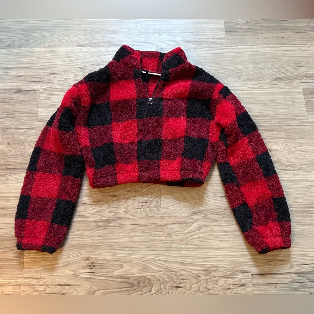 SO Red and Black Buffalo Plaid Sherpa Fleece Pullover Size XS